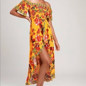 Lulus Danica Yellow Floral Print Smocked High-Low Maxi Dress